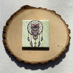 Berry Tribal Owl Dreamcatcher Decorative Tile - Ceramic Home Decor